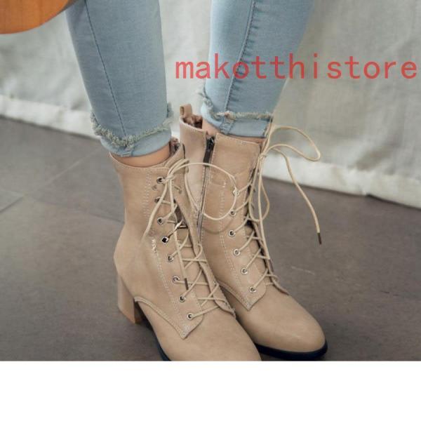 ショートブーツ ジャンヌ ダルク風 太ヒール 編み上げブーツ レースアップ株式会社錦  袴ブーツ パンク靴 ベージュ 大きいサイズ 23.5cm チャンキーヒール