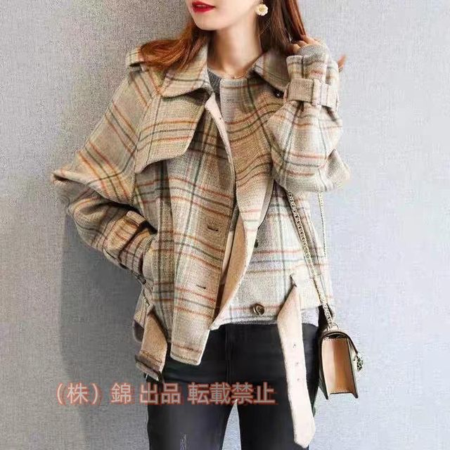 ショートコートレディース冬韓国レディースショートコートチェック柄コートレディースショートコート襟株式会社錦アウター冬デザインコート大きいサイズ