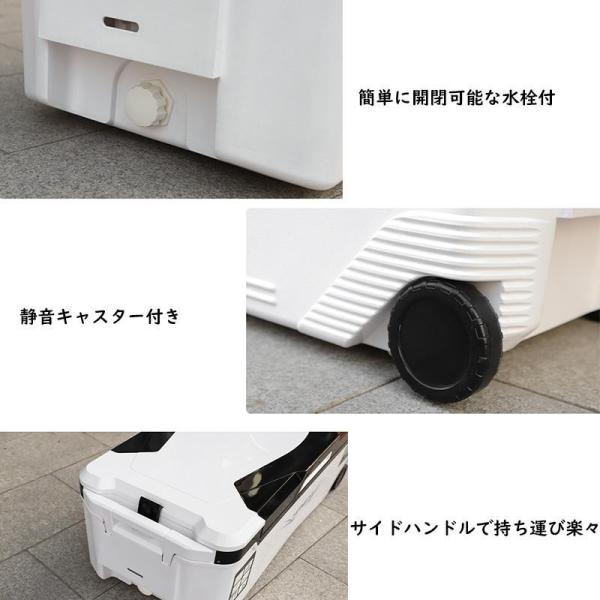 釣り用クーラーボックス 大容量 大型70L 座れる頑丈マッスルボディ 防水 サイドハンドル キャスター付 釣り株式会社錦 保冷力150h 水栓付き 白&黒_8