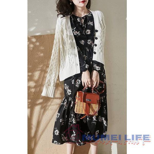 プリントワンピース 長袖 ティアードスカート ラウンドネック ブラック