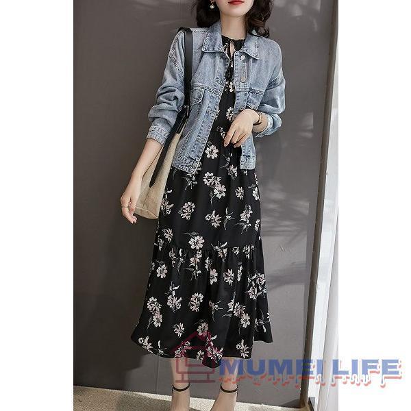 プリントワンピース　長袖　ティアードスカート　ラウンドネック　ブラック系　ひざ下丈　株式会社錦SからXL20代30代40代50代60代 プリントワンピース 長袖 ティアードスカート ラウンドネック ブラック