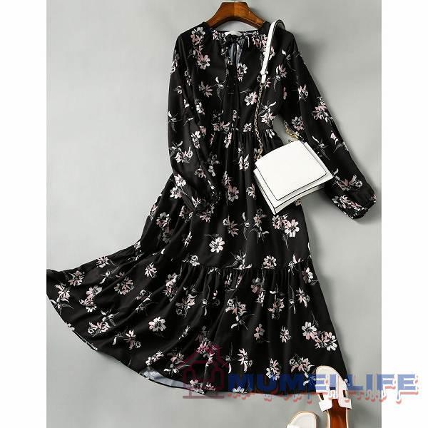 プリントワンピース 長袖 ティアードスカート ラウンドネック ブラック
