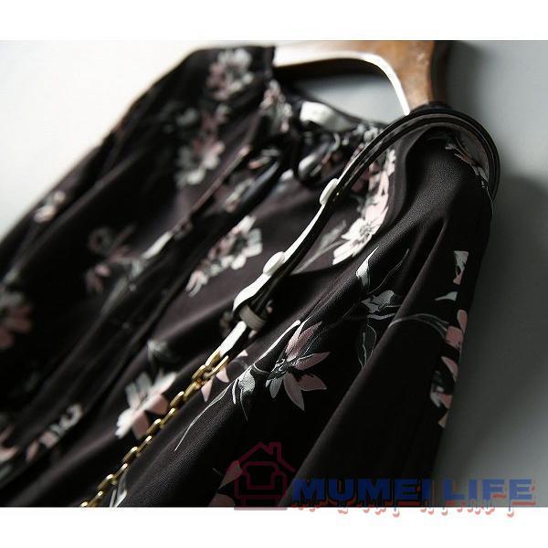 プリントワンピース 長袖 ティアードスカート ラウンドネック ブラック