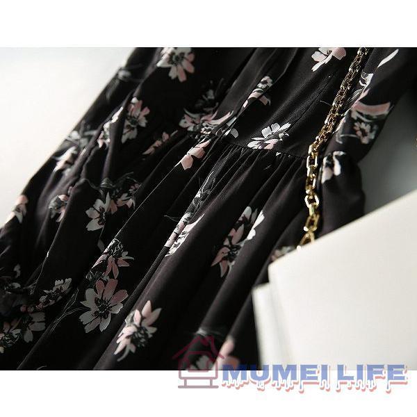 プリントワンピース 長袖 ティアードスカート ラウンドネック ブラック