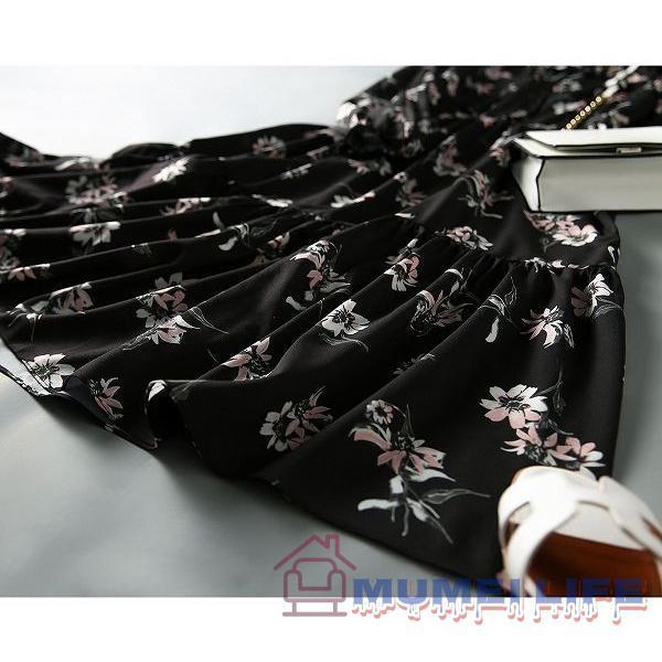 プリントワンピース　長袖　ティアードスカート　ラウンドネック　ブラック系　ひざ下丈　株式会社錦SからXL20代30代40代50代60代 プリントワンピース 長袖 ティアードスカート ラウンドネック ブラック