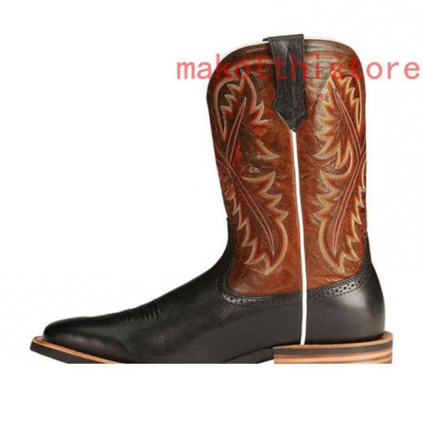 ウエスタンブーツ ウエスタン カントリーダンス カウボーイ 刺繍 ロングブーツ 女性用 本革調 茶色 花柄 ブラウン錦 スクエアトゥ ジョッキーブーツローヒール ウエスタンブーツ ウエスタン カントリーダンス カウボーイ 刺繍