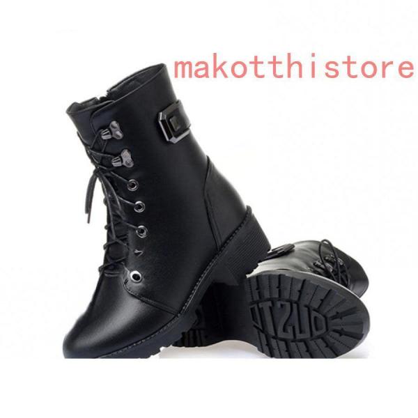ブーツサイドジッパー本革ローヒールレディース軽量厚底ブーツレース