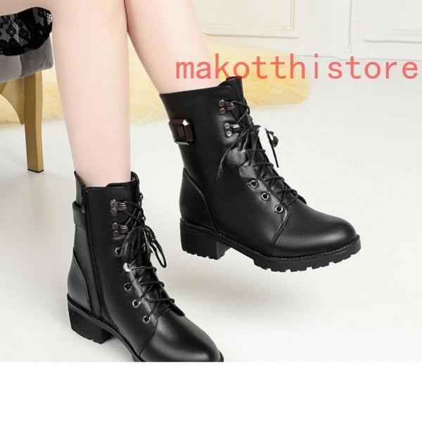 ブーツサイドジッパー本革ローヒールレディース軽量厚底ブーツレース