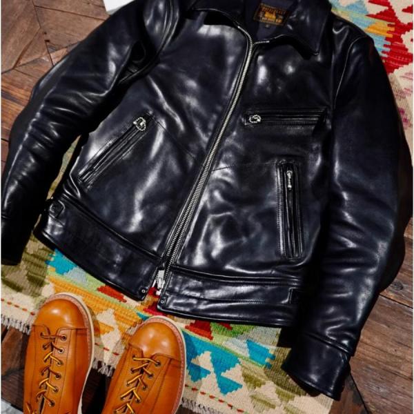超人気☆1.5mm 茶芯ホースハイド 30'sスタイル シングルライダース レザージャケット ブラック 株式会社錦 トスカーナ植物鞣し革 馬革