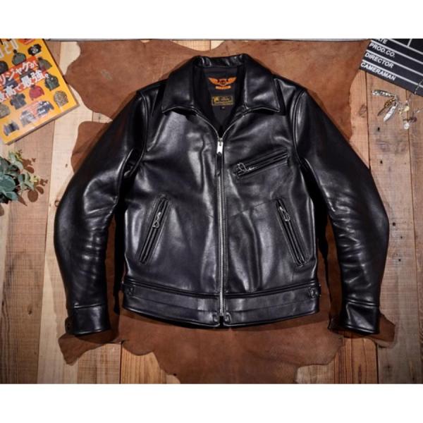 超人気☆1.5mm 茶芯ホースハイド 30'sスタイル シングルライダース レザージャケット ブラック 株式会社錦 トスカーナ植物鞣し革 馬革