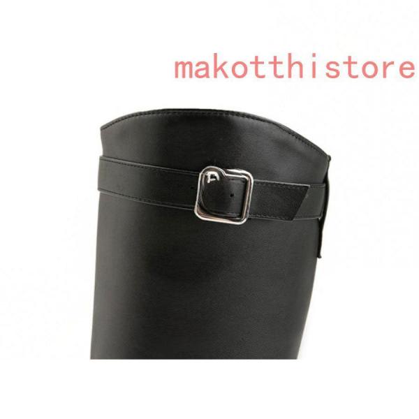 レディースシンプルロングブーツ無地太ヒールジョッキーブーツベルト
