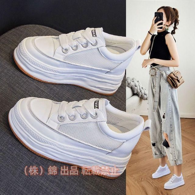 本革スニーカーレディース厚底7cmUPローカットカジュアル大きいサイズシンプルレースアップ春スニーカー株式会社錦インヒール靴フラットシューズ大人