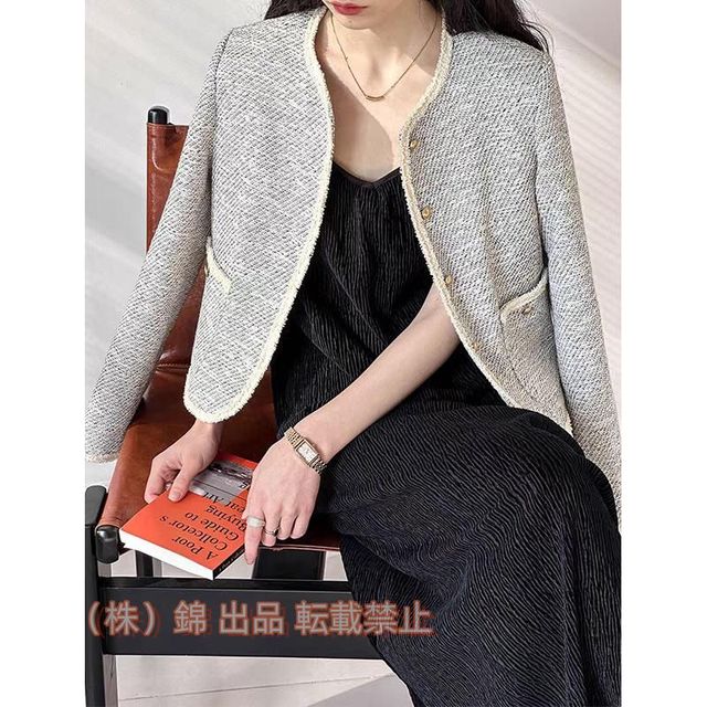 ジャケット レディース ツイード コート 羽織り アウター ノーカラー きれいめ 株式会社錦ツイードジャケット ノーカラージャケット