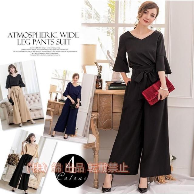 パーティードレス パンツドレス かっこいい セットアップ ベルスリーブ スカンツ 結婚式 同窓会 ワイドパンツ株式会社錦 ガウチョ Vネック 大きいサイズ 3L