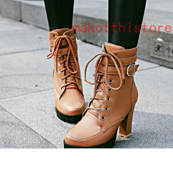 10.5CM厚底ショートブーツ太ヒール編み上げブーツレースアップ袴ブーツ