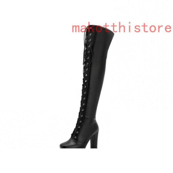 レディースジョッキーブーツロングブーツ美脚白黒大きいサイズ11センチヒール太ヒールコスプレニーハイブーツ長靴株式会社錦脚やせ編み上げ歩きやすい レディースジョッキーブーツロングブーツ美脚白黒大きいサイズ11センチ