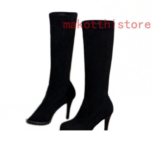 ロングブーツレディースストレッチジョッキーブーツシルエット黒美脚