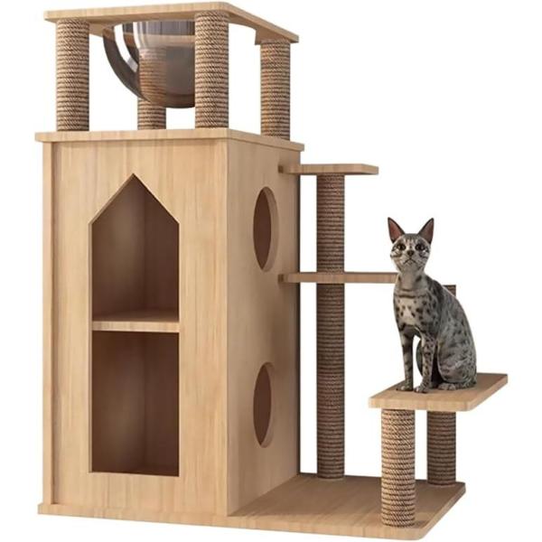 突っ張り型キャットタワー 麻 木材 透明ボウル付き 突っ張り型キャットタワー 麻 木材 透明ボウル付き キャットタワー木製