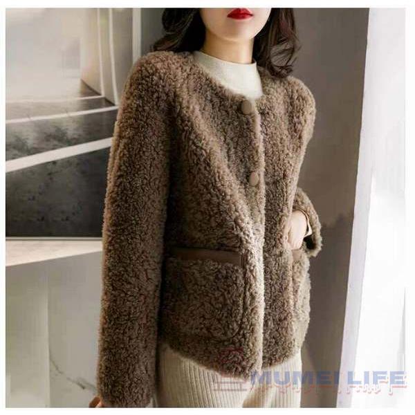 暖かノーカラージャケット ボアジャケット 防寒 長袖 ブラウン 株式