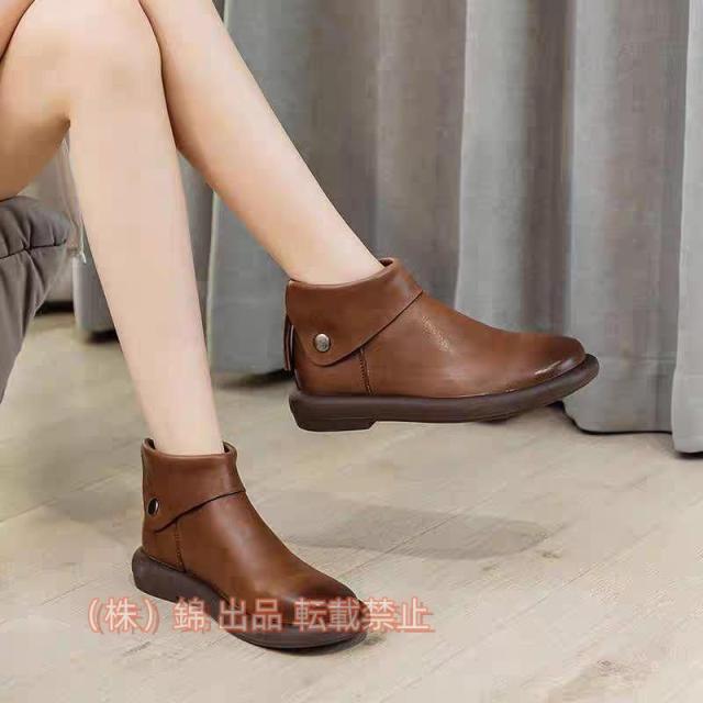 ショートブーツ バックジッパー エスニック 快適 柔らか 本革 軽量 歩きやすい 疲れにくい フラットシューズ 厚底 ラウンドトゥ錦 仕事 通勤 お出かけ 旅行