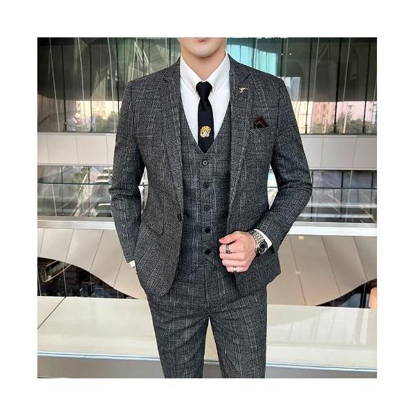 メンズ スーリピーススーツ 三点セット チェック柄 ビジネススーツ スーツ セットアップ スリム きれいめ 株式会社錦忘年会 結婚式 メンズ スーリピーススーツ 三点セット チェック柄 ビジネススーツ