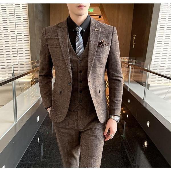 メンズ スーリピーススーツ 三点セット チェック柄 ビジネススーツ
