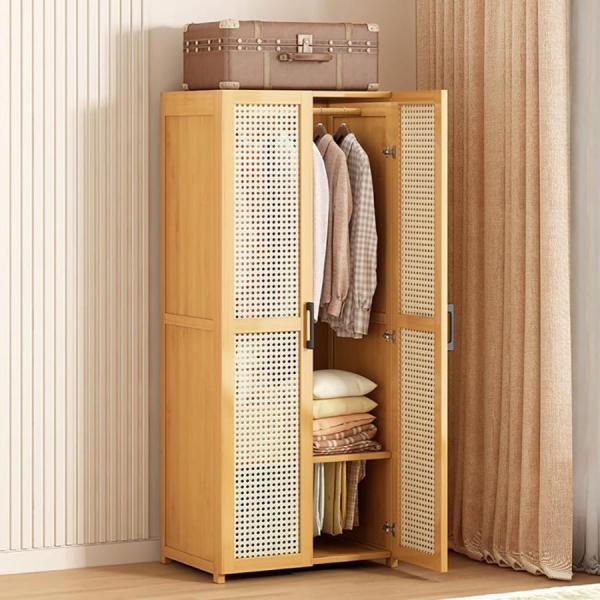 ワードローブ 扉付き クローゼット ハンガーラック 棚付き 天然竹製