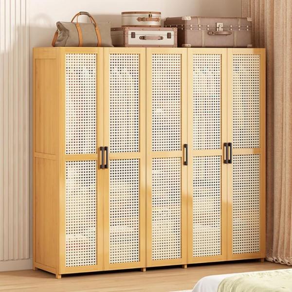 ワードローブ 扉付き クローゼット ハンガーラック 棚付き 天然竹製