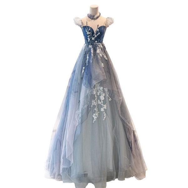 カラードレス演奏会ブルーロングドレスプリンセスラインドレス