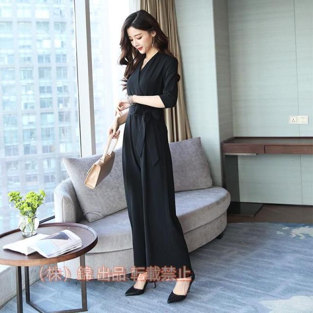 パンツドレス かっこいい 袖あり パーティードレス パンツ 結婚式 お呼ばれドレス 大きいサイズ株式会社錦 3L 4L オールインワン ワイドパンツ カシュクール 黒