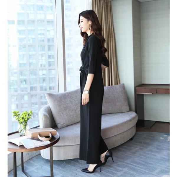 パンツドレス かっこいい 袖あり パーティードレス パンツ 結婚式 お呼ばれドレス 大きいサイズ株式会社錦 3L 4L オールインワン ワイドパンツ カシュクール 黒_7