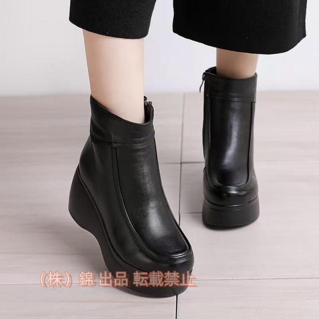 厚底ウェッジソール本革7センチヒールブーツレディースエンジニアブーツ牛革ショートブーツサイドジッパー株式会社錦身長アンクルブーツプラットフォーム