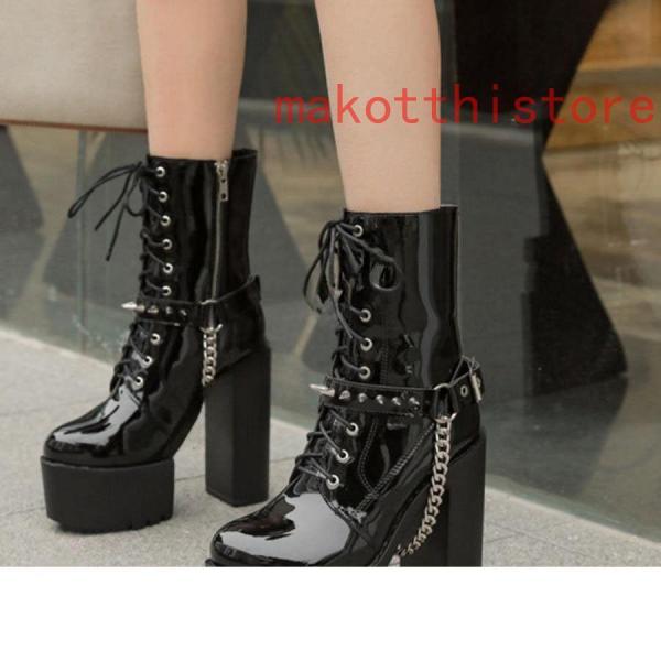 ショートブーツ ジャンヌ ダルク風 太ヒール 編み上げブーツ レースアップ 錦 袴ブーツ パンク靴 大きいサイズ 24.0cm サイドジップ 歩きやすい チェーン付き