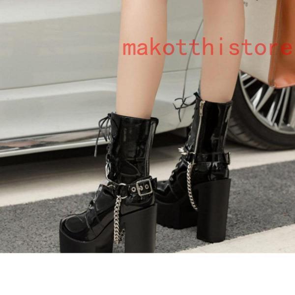 ショートブーツ ジャンヌ ダルク風 太ヒール 編み上げブーツ レースアップ 錦 袴ブーツ パンク靴 大きいサイズ 24.0cm サイドジップ 歩きやすい チェーン付き