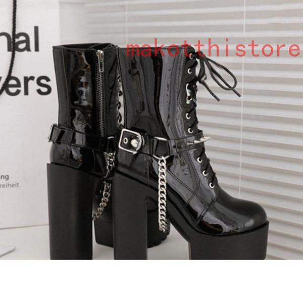 ショートブーツ ジャンヌ ダルク風 太ヒール 編み上げブーツ レースアップ 錦 袴ブーツ パンク靴 大きいサイズ 24.0cm サイドジップ 歩きやすい チェーン付き