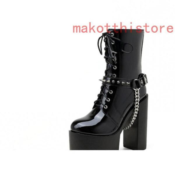 ショートブーツ ジャンヌ ダルク風 太ヒール 編み上げブーツ レースアップ 錦 袴ブーツ パンク靴 大きいサイズ 24.0cm サイドジップ 歩きやすい チェーン付き