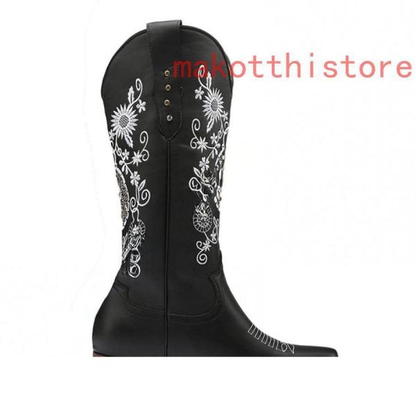 ウエスタンブーツレディース本革調ミドルブーツレディースブーツハイヒール刺繍黒大きいサイズミドルブーツステッチ錦ジョッキーブーツ25cm25.5cm ウエスタンブーツレディース本革調ミドルブーツレディースブーツ