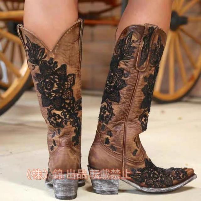 ウエスタンブーツレディース本革調ミドルブーツレディースブーツハイヒール刺繍黒大きいサイズミドルブーツステッチ錦ジョッキーブーツ25cm25.5cm