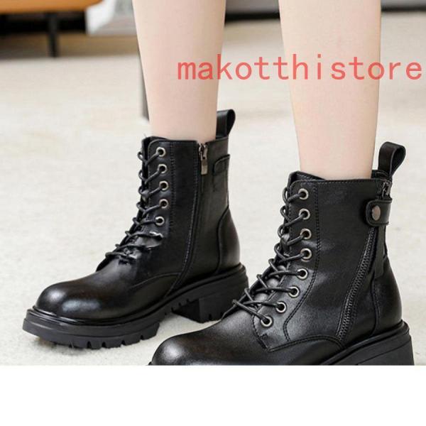 4.5cm 厚底 ショートブーツ 太ヒール 編み上げブーツ サイドジップ ハイヒール ブーティ レースアップ プラットフォーム 株式会社錦歩きやすい 軽い 防滑 黒