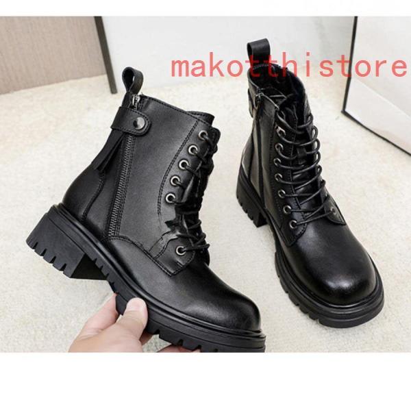 4.5cm 厚底 ショートブーツ 太ヒール 編み上げブーツ サイドジップ ハイヒール ブーティ レースアップ プラットフォーム 株式会社錦歩きやすい 軽い 防滑 黒
