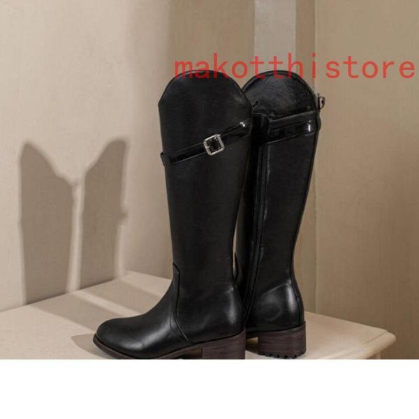 ロングブーツ 大きいサイズ 3L 25.0cm ベルトバックル ロングブーツ ジョッキーブーツ 歩きやすい ヒール4cm 黒 レディース靴 株式会社錦秋ブーツ コスプレ