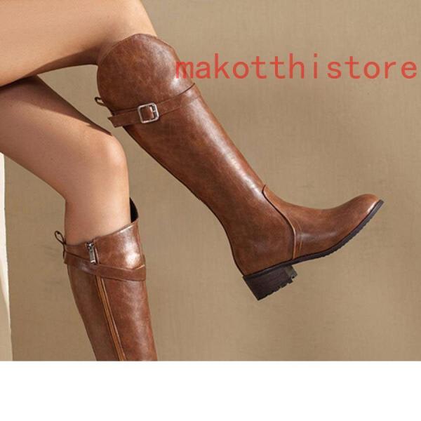 ロングブーツ 大きいサイズ 3L 25.0cm ベルトバックル ロングブーツ ジョッキーブーツ 歩きやすい ヒール4cm 黒 レディース靴 株式会社錦秋ブーツ コスプレ
