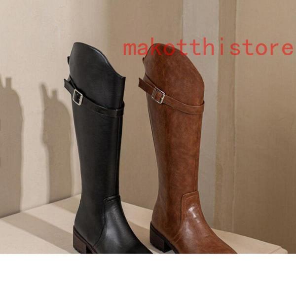 ロングブーツ 大きいサイズ 3L 25.0cm ベルトバックル ロングブーツ ジョッキーブーツ 歩きやすい ヒール4cm 黒 レディース靴 株式会社錦秋ブーツ コスプレ