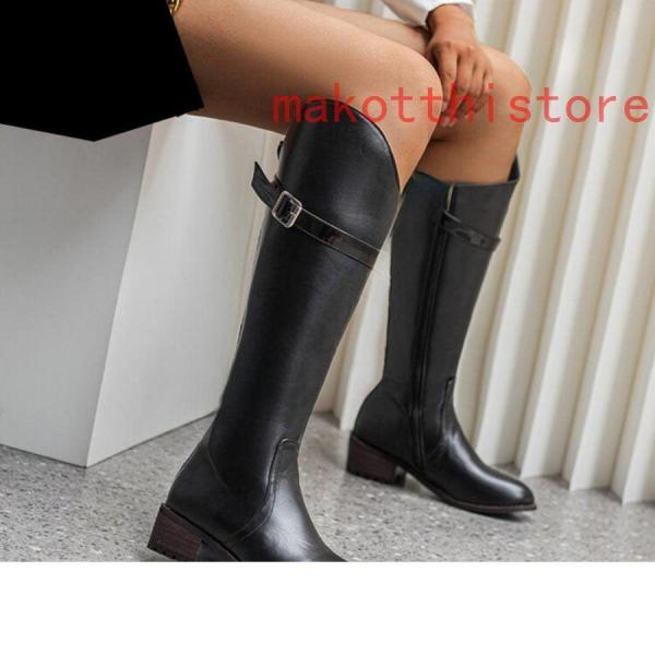 ロングブーツ 大きいサイズ 3L 25.0cm ベルトバックル ロングブーツ ジョッキーブーツ 歩きやすい ヒール4cm 黒 レディース靴 株式会社錦秋ブーツ コスプレ