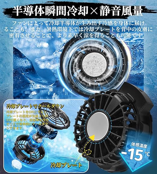 半導体急速冷却 ファンバッテリーセット 世界初 空調作業服用【41400mAh バッテリー クリップ付き】 2025年夏モデル USB給電式 90mm服穴径対応 PSE認証済（3枚羽根） 半導体急速冷却 ファンバッテリーセット 世界初 空調作業服用