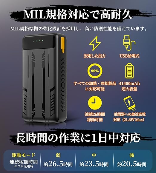 半導体急速冷却 ファンバッテリーセット 世界初 空調作業服用【41400mAh バッテリー クリップ付き】 2025年夏モデル USB給電式 90mm服穴径対応 PSE認証済（5枚羽根） 半導体急速冷却 ファンバッテリーセット 世界初 空調作業服用