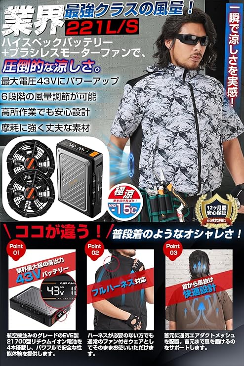 [Xinpeke] 空調作業服 半袖 【2025夏の超爆風 43V業界最強電圧】 ファン付き作業着 ファン＆バッテリーセット EVE製高性能21700型電池/日本製ブラシレスモーター 6段階風速 急速充電 遮熱性 男女兼用 猛暑対策 Xinpeke] 空調作業服 半袖 【2025夏の超爆風 43V業界最強電圧】 ファン