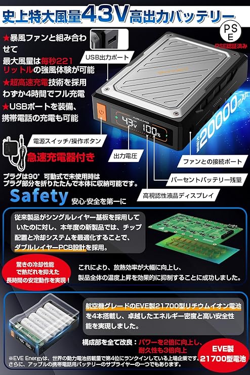 Xinpeke] 空調作業服 半袖 【2025夏の超爆風 43V業界最強電圧】 ファン