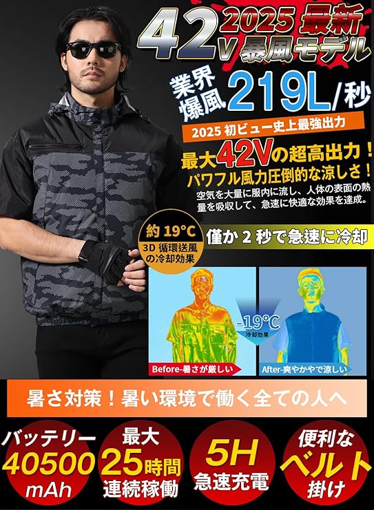 作業服 半袖 【42V超高出力 40500mAhバッテリー】 ファン付き 25H 71k0Js68SHL._AC_UL210_SR210,