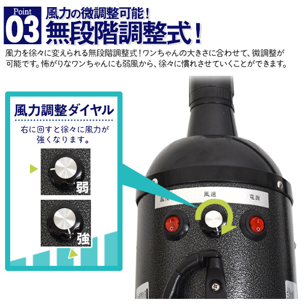 PSEマーク付き 業務用 ペットドライヤー 速乾 1200W 風量 強力 ハイパワー ホース 大型犬 犬 猫 イヌ ネコ 温風 ドライヤー 掃除簡単 抜け毛掃除 トリミング 風力無段階調整可能 コンパクト ホース_4